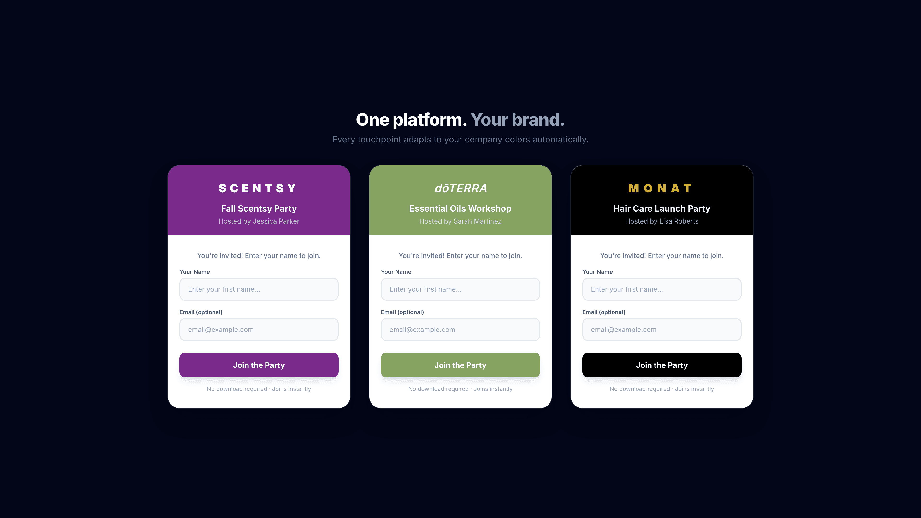 Three brand-themed templates showing Scentsy, doTERRA, and Monat auto-branded designs