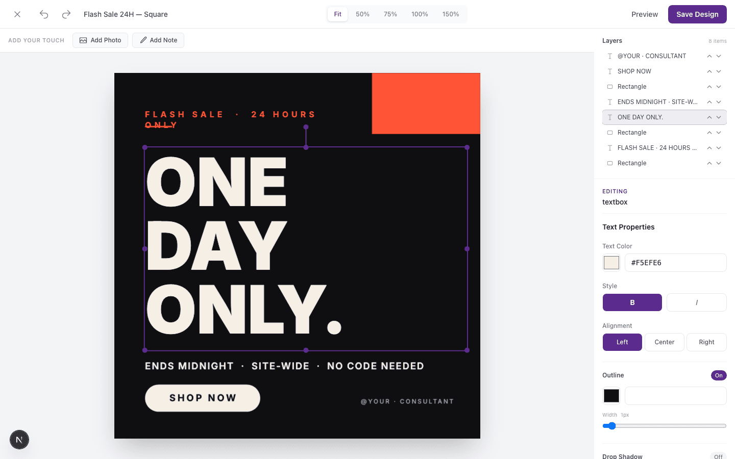 Seller Muse template editor showing a flash sale design with text properties, layers panel, and editable zones