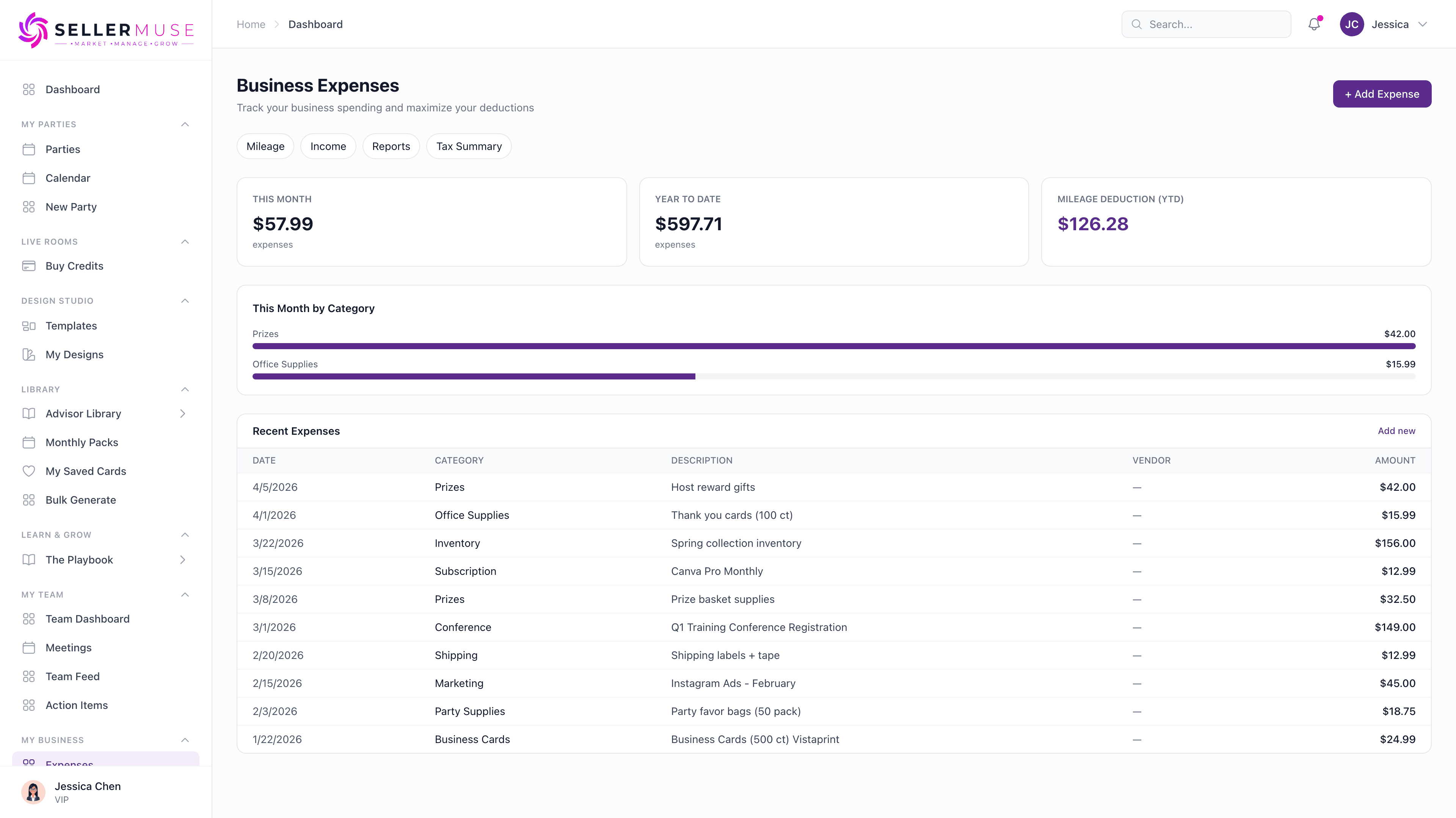 Business expense tracker showing categorized expenses, mileage deduction, and year-to-date totals