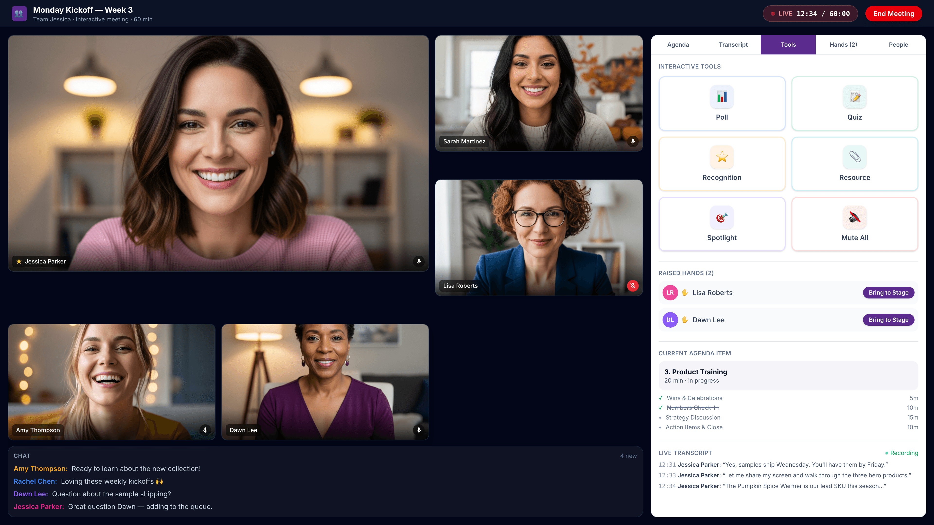 Leader's meeting dashboard with tool grid, agenda, and transcript