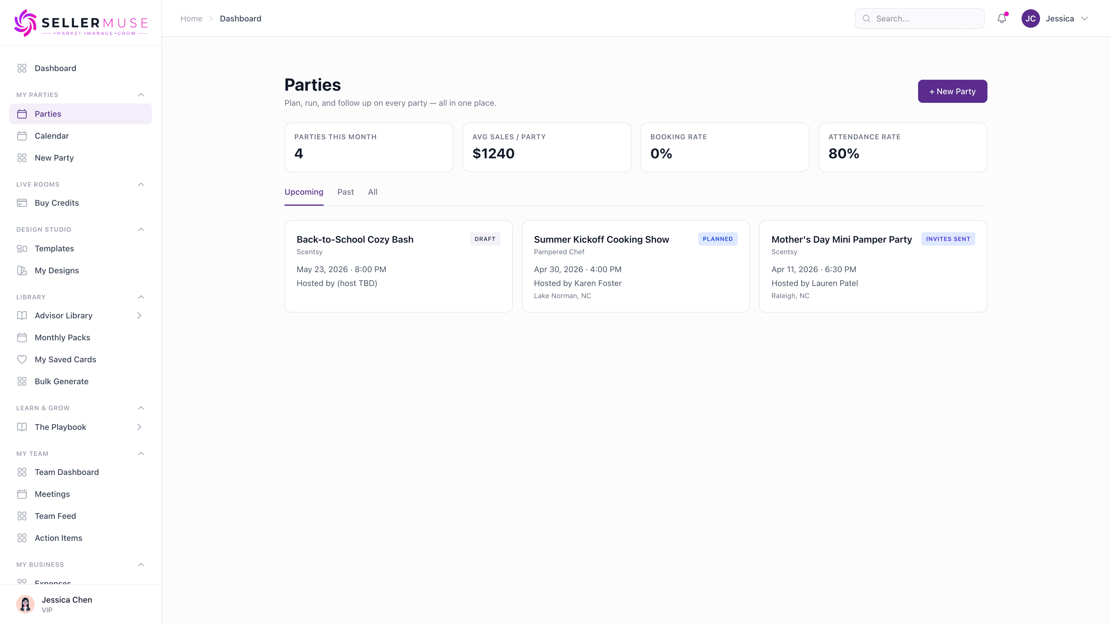 Guest view of a virtual party with product showcase CTA, video tiles, and chat sidebar