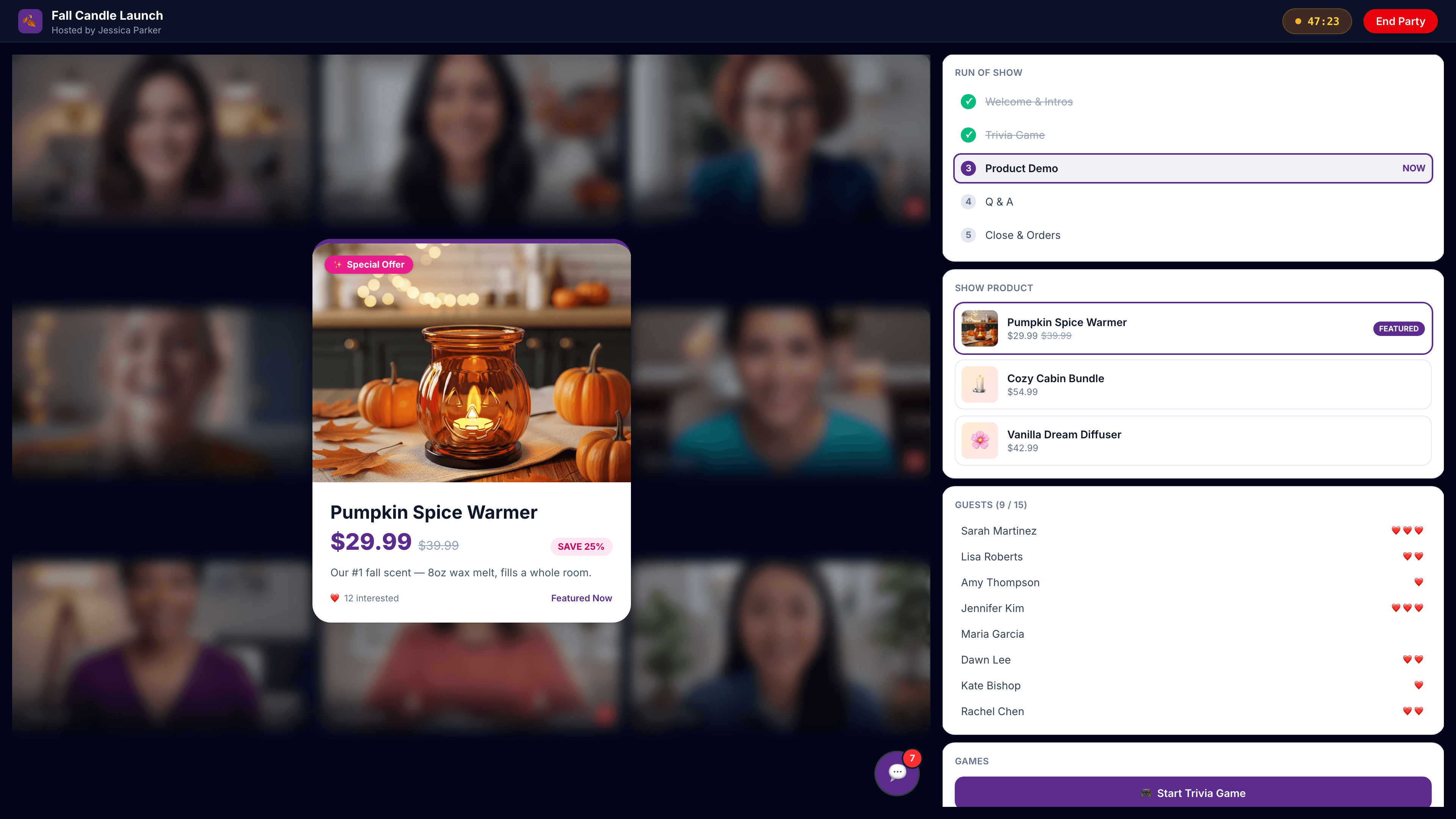 Consultant's party room with product overlay, 9 video tiles, and sidebar