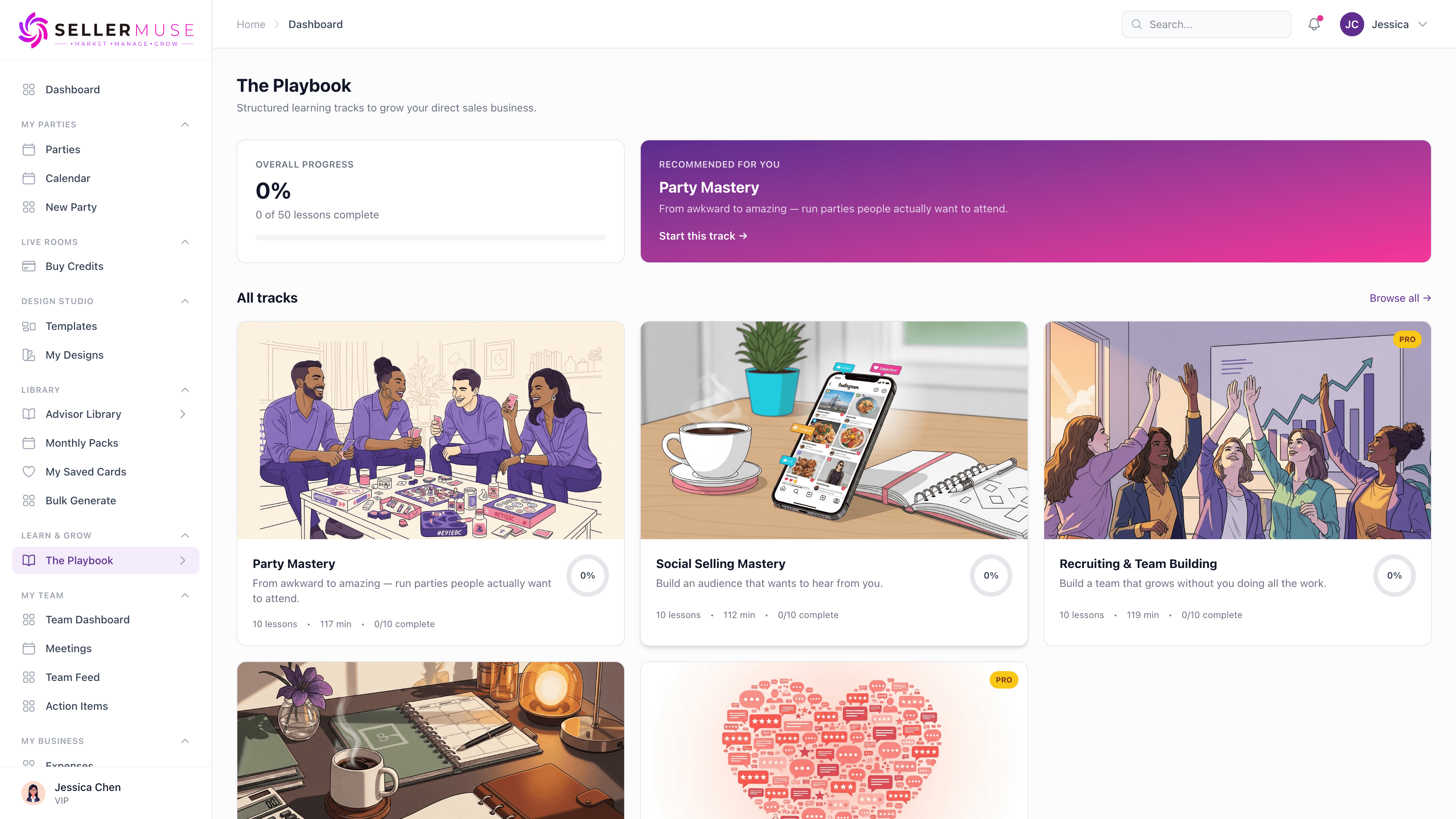 The Playbook training tracks with structured courses for direct sales skills
