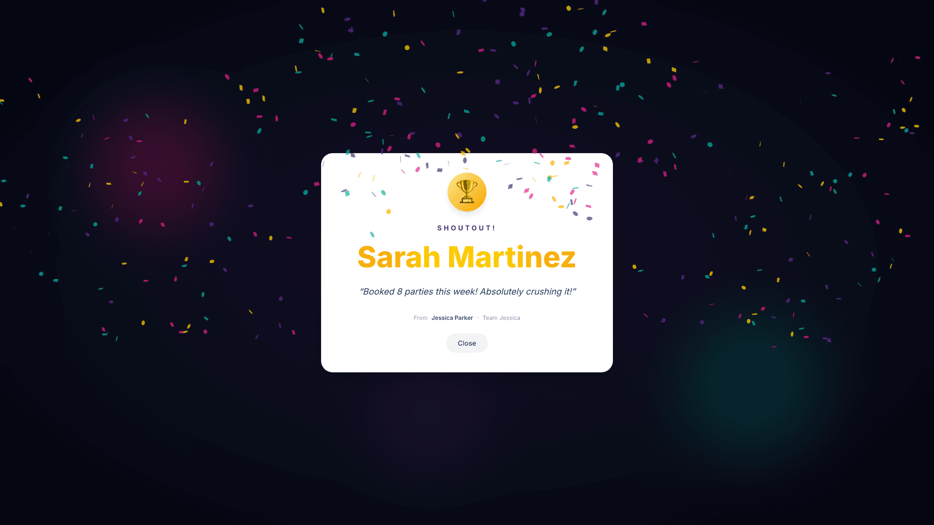 Confetti recognition moment celebrating a team member