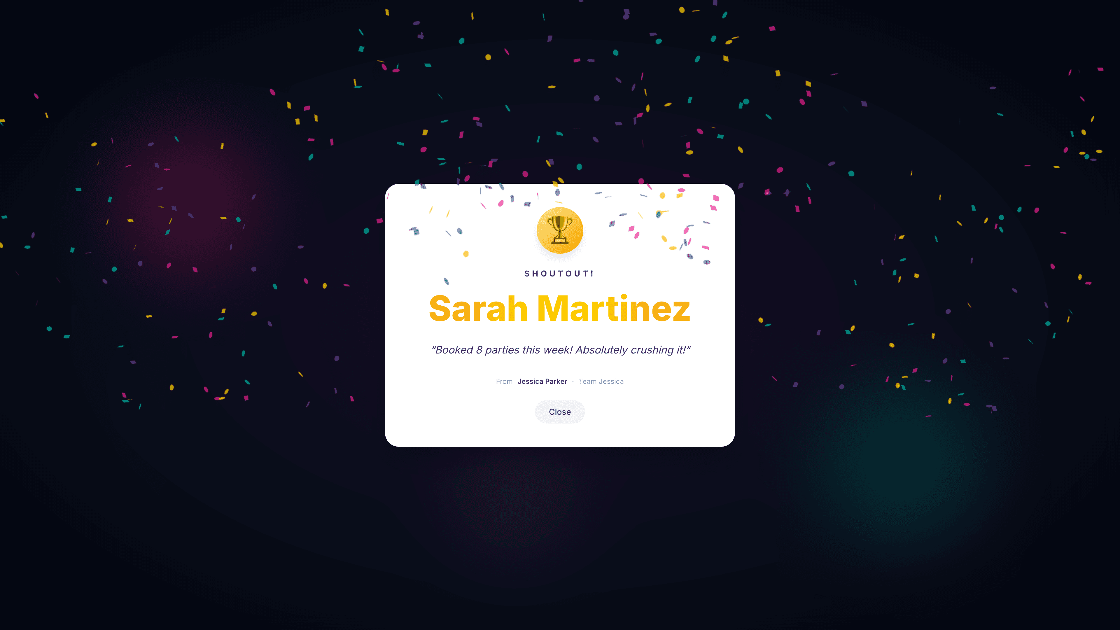 Full-screen confetti recognition moment with gold gradient name