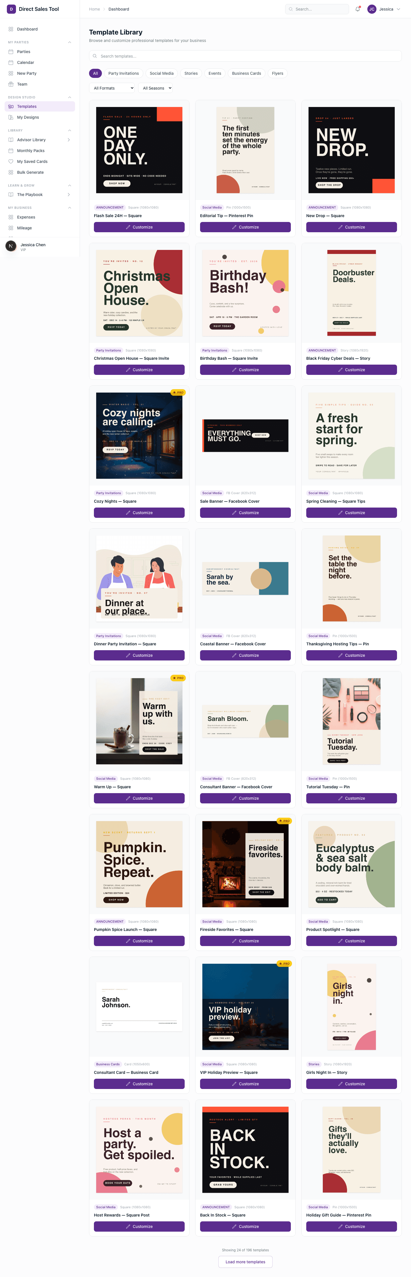Seller Muse template library showing dozens of professional marketing templates organized by category
